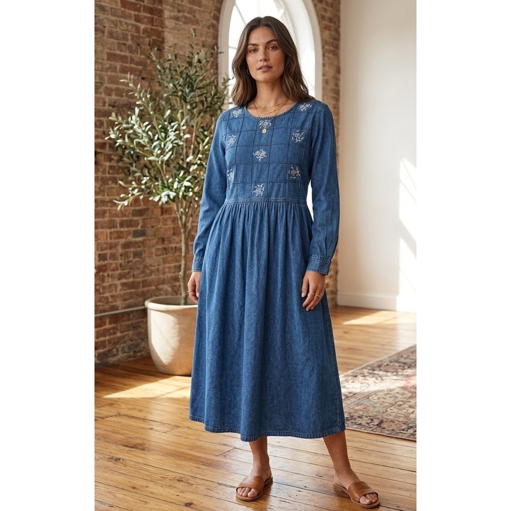 Erika & Co Blue Denim Embroidered Floral Quilted Midi Dress Women's M Cottage